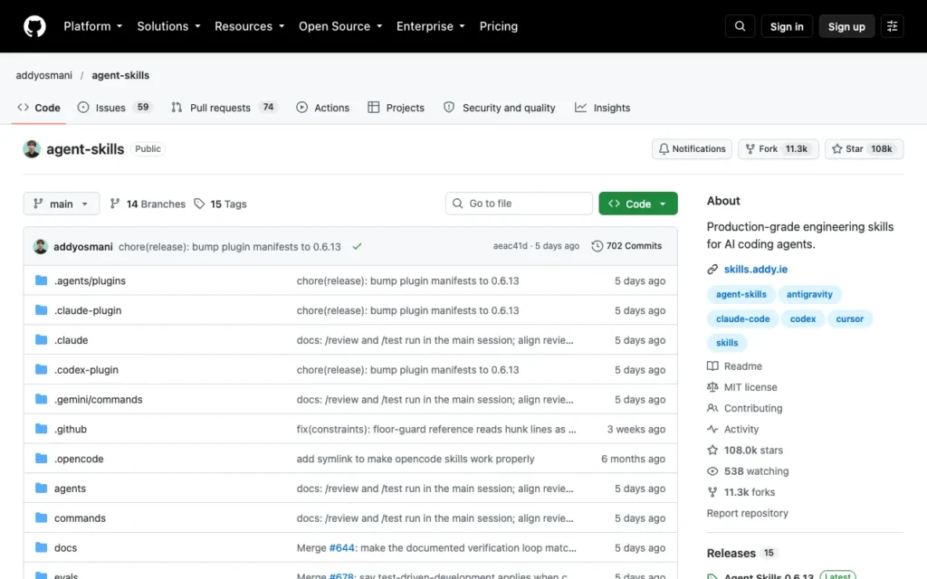 GitHub page for addyosmani/agent-skills, Addy Osmani's production engineering skills