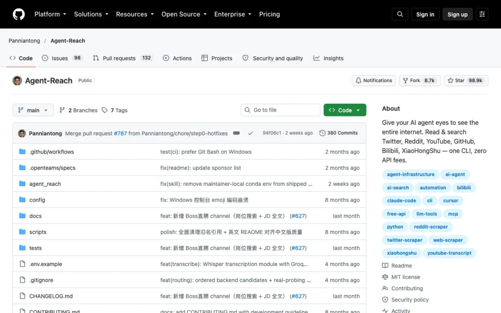 GitHub page for Panniantong/Agent-Reach, a tool that lets agents read X, Reddit, YouTube and more