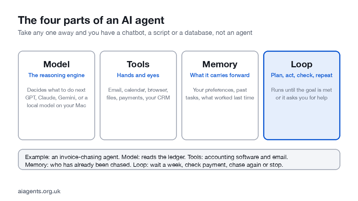 Diagram of the four parts of an AI agent: the model as reasoning engine, tools as hands and eyes, memory, and the plan-act-check loop