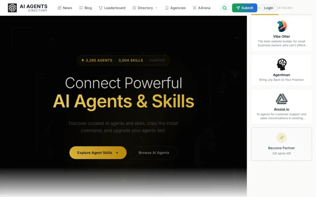 AI Agents Directory marketplace home page, October 2026