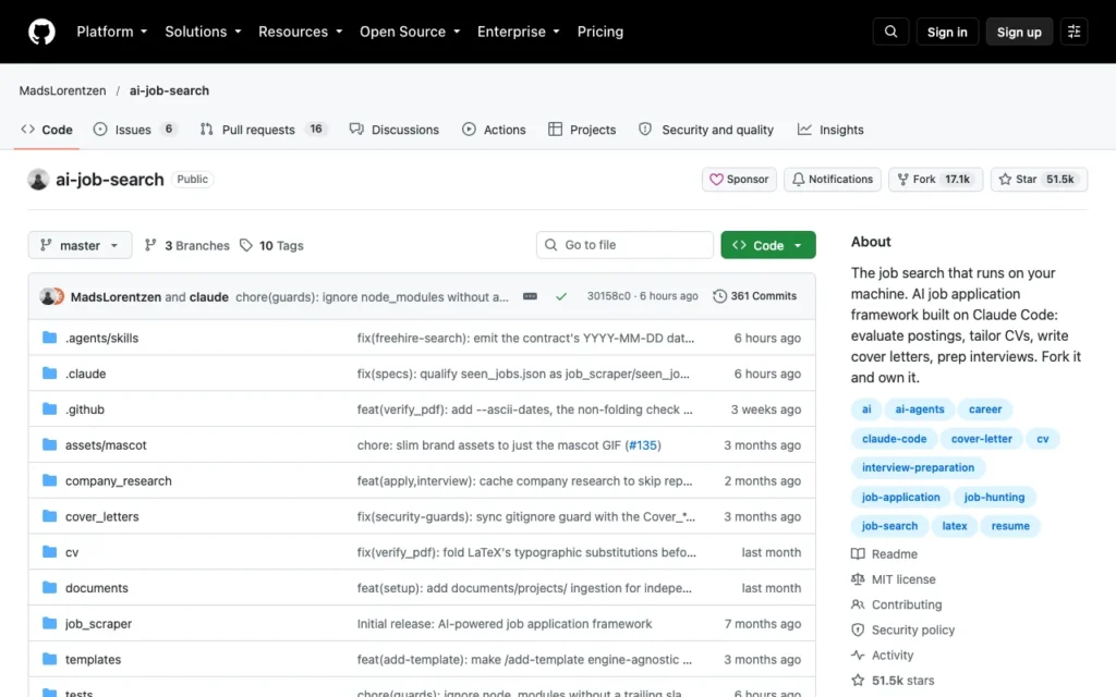 GitHub page for MadsLorentzen/ai-job-search, a job search workflow for Claude Code