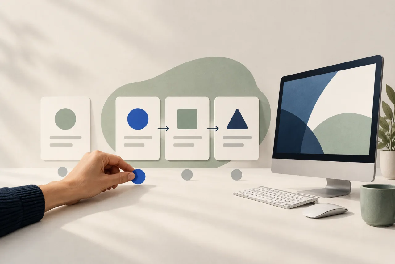 Illustration comparing a single task, connected workflow cards and a local computer.