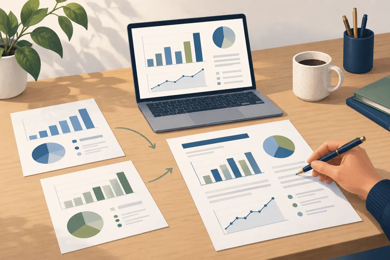 Illustration of a person reviewing a client report beside source charts and a laptop.