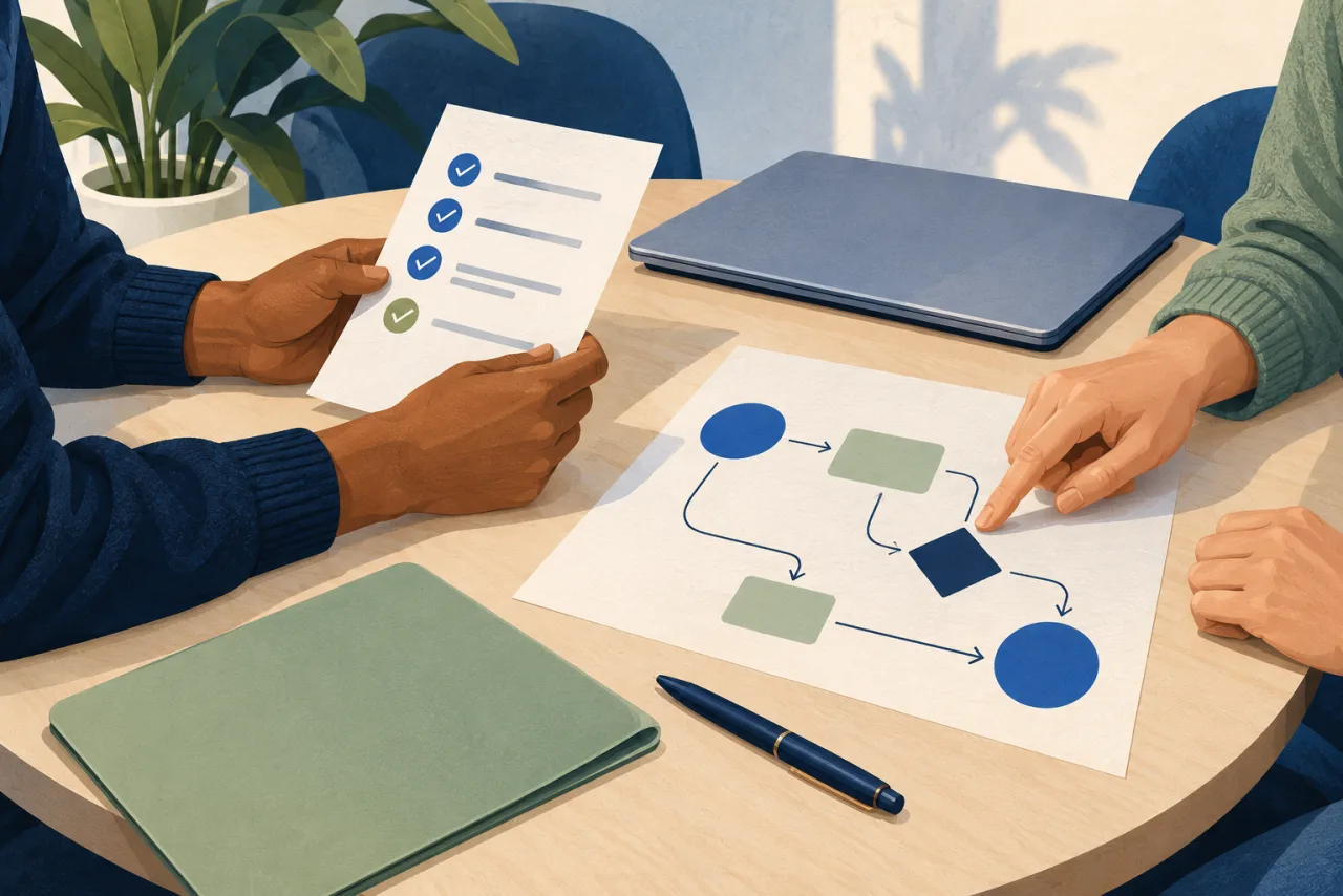 Illustration of two people reviewing a project checklist and workflow plan.