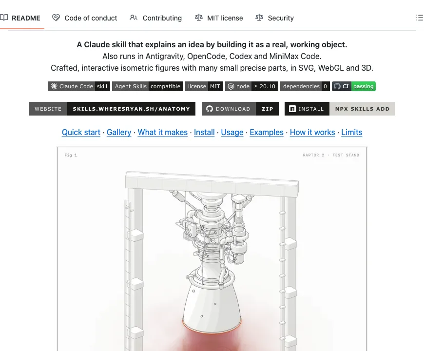 README for anatomy: an isometric rocket-engine test stand drawn by the skill