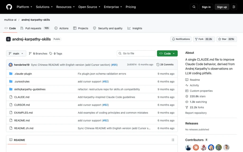 GitHub page for multica-ai/andrej-karpathy-skills, coding rules based on Andrej Karpathy's advice