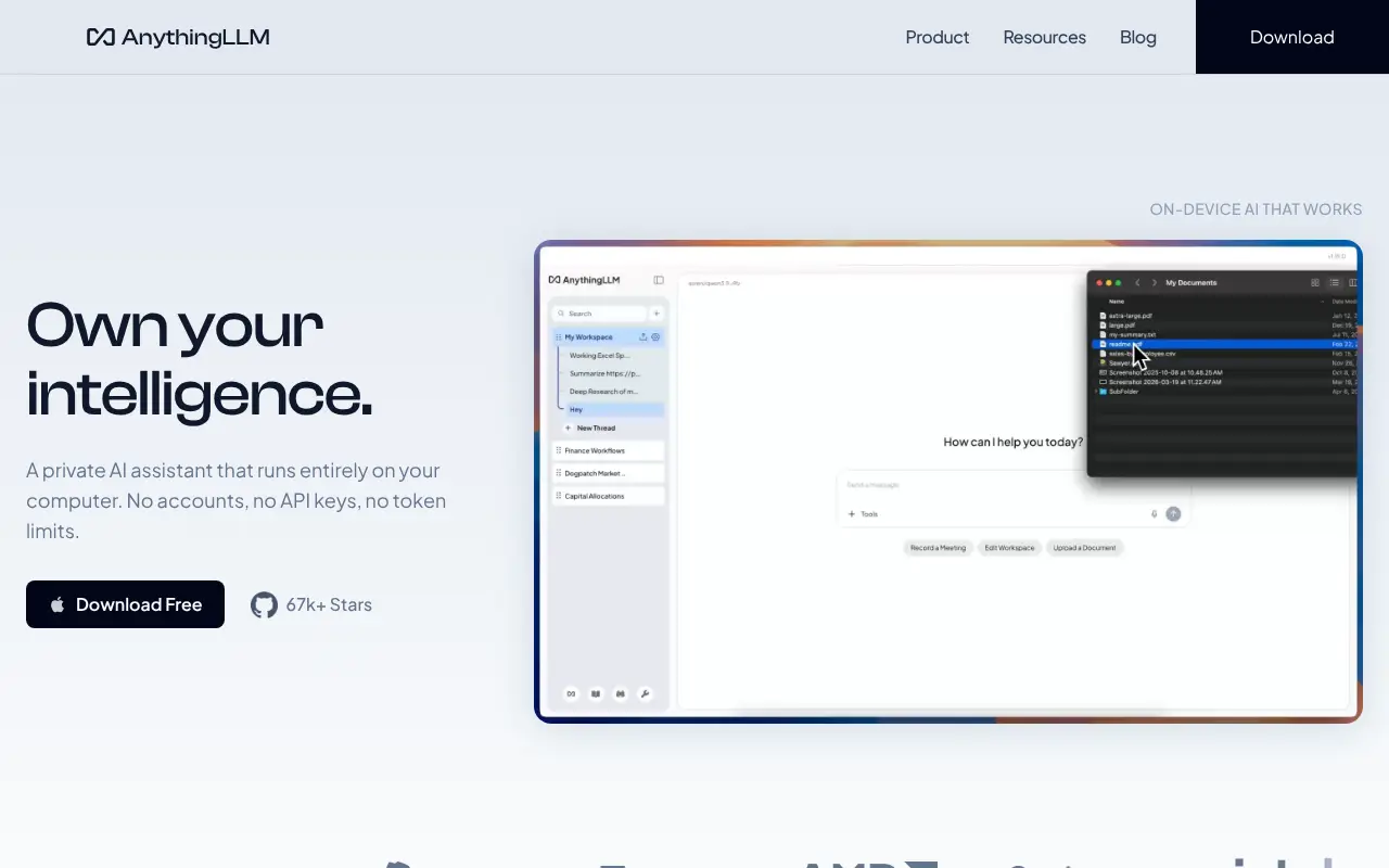 AnythingLLM home page with the headline Own your intelligence, a Download Free button, a 67k GitHub stars badge and the desktop app showing a workspace and a file picker