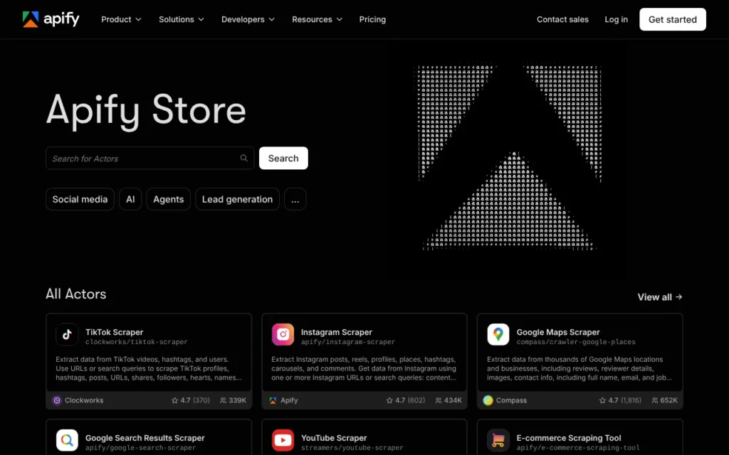 Apify Store marketplace home page, October 2026