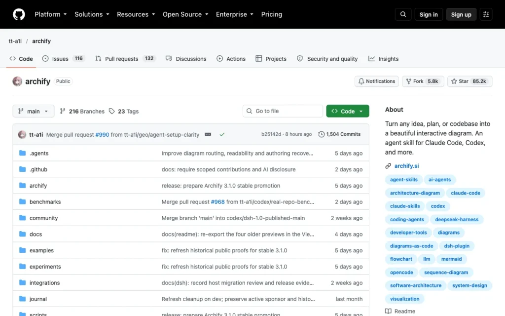 GitHub page for tt-a1i/archify, a skill for interactive architecture diagrams