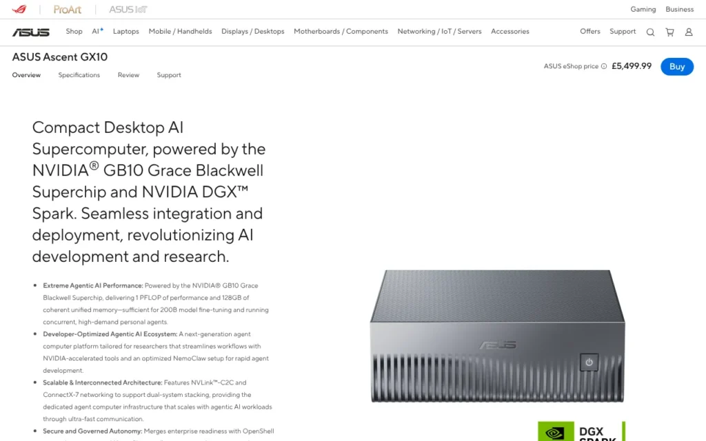 ASUS Ascent GX10 product page on ASUS UK, October 2026