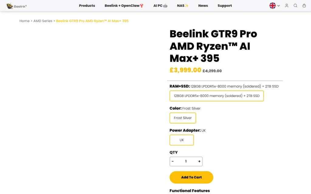 Beelink GTR9 Pro product page on the Beelink UK store, October 2026