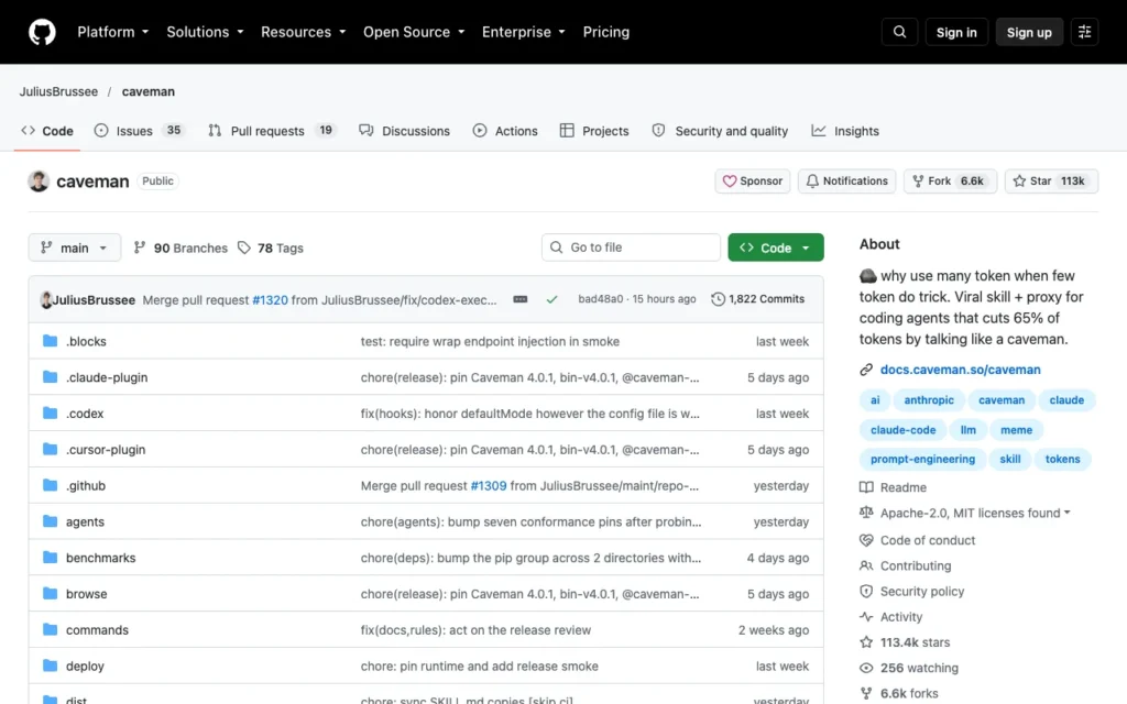 GitHub page for JuliusBrussee/caveman, a token-saving voice and proxy for agents