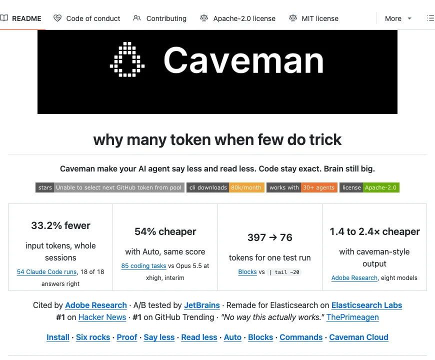 README for Caveman: why many token when few do trick, with token-saving figures