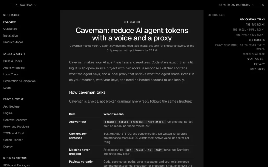 docs.caveman.so: Caveman, reduce AI agent tokens with a voice and a proxy