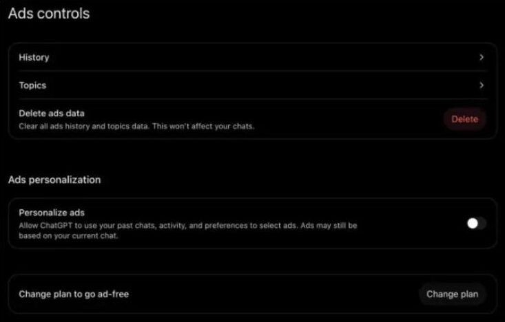 ChatGPT Ads controls page with History, Topics, Delete ads data, a Personalize ads toggle switched off, and a Change plan to go ad-free button
