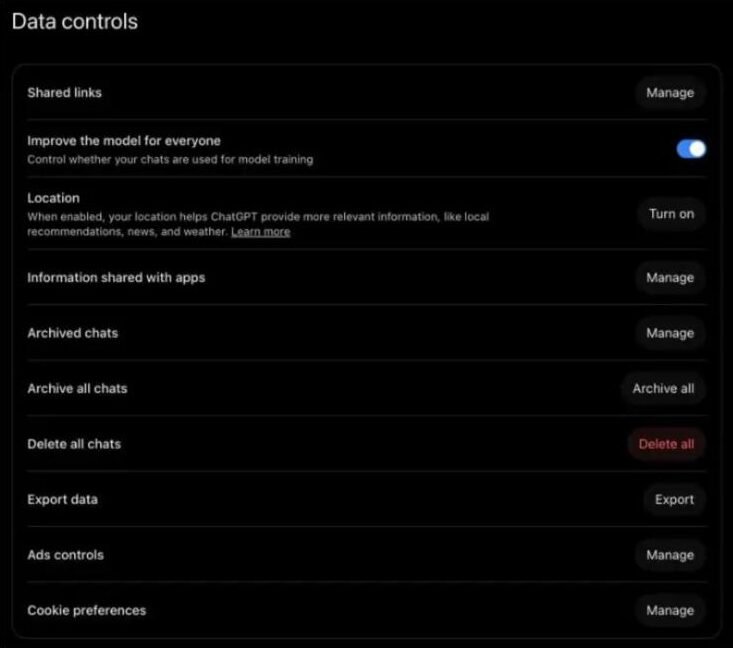 ChatGPT Data controls settings page with Improve the model for everyone switched on, plus Location, Archive all, Delete all, Export data, Ads controls and Cookie preferences