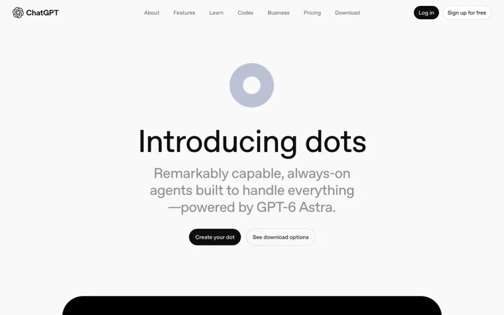 ChatGPT Dots product page from OpenAI showing the always-on agent