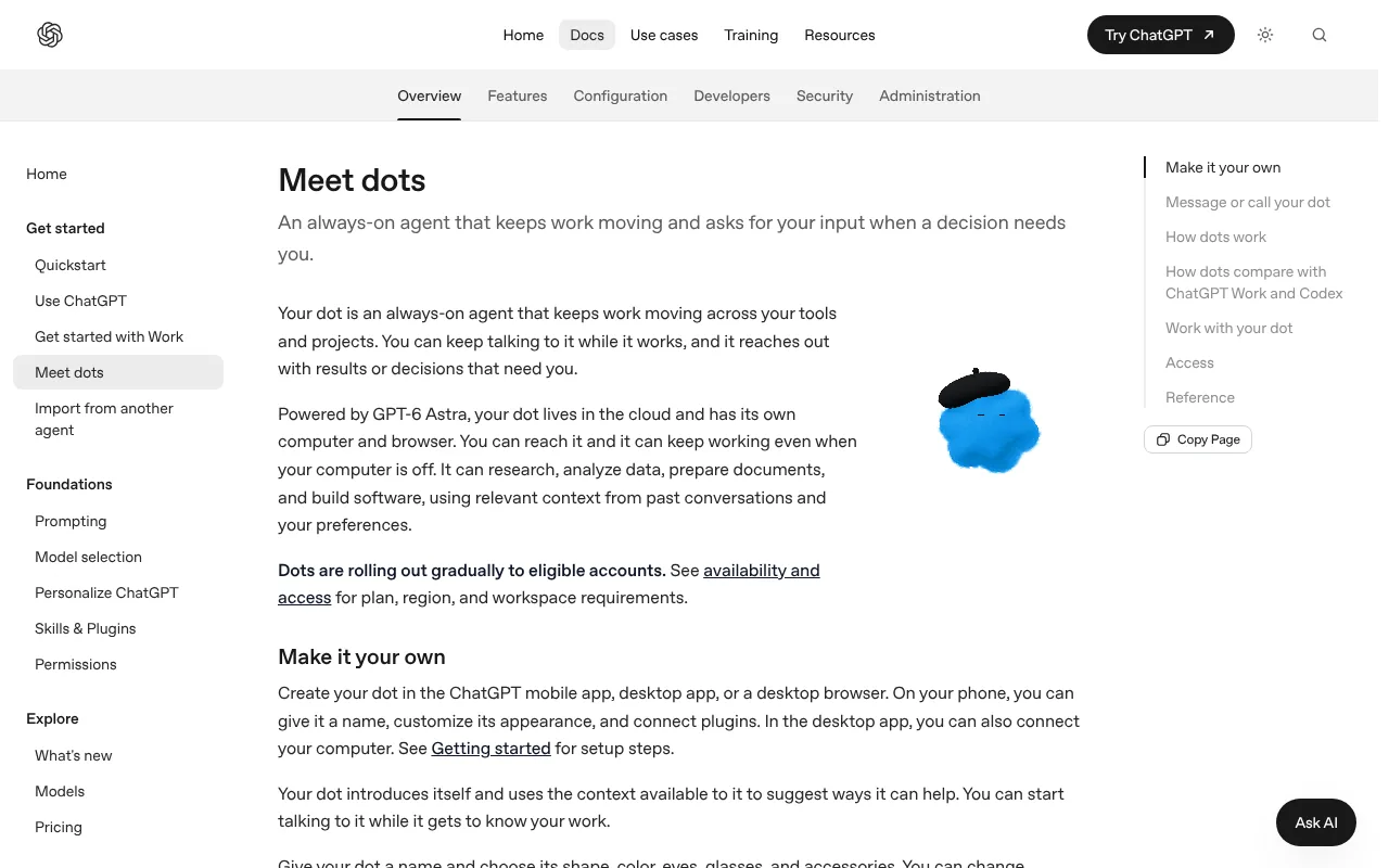 OpenAI Dots setup documentation showing how to create and customise a dot