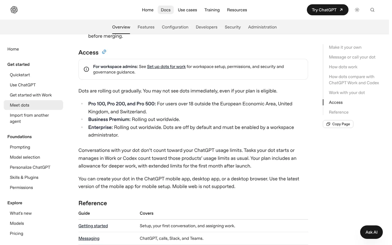ChatGPT Dots access rules showing Pro dots exclude the UK, EEA and Switzerland