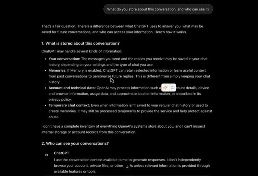 ChatGPT answer in a Temporary chat explaining what is stored: conversation, memories, account and technical data, and temporary chat context, and admitting it cannot inspect internal storage