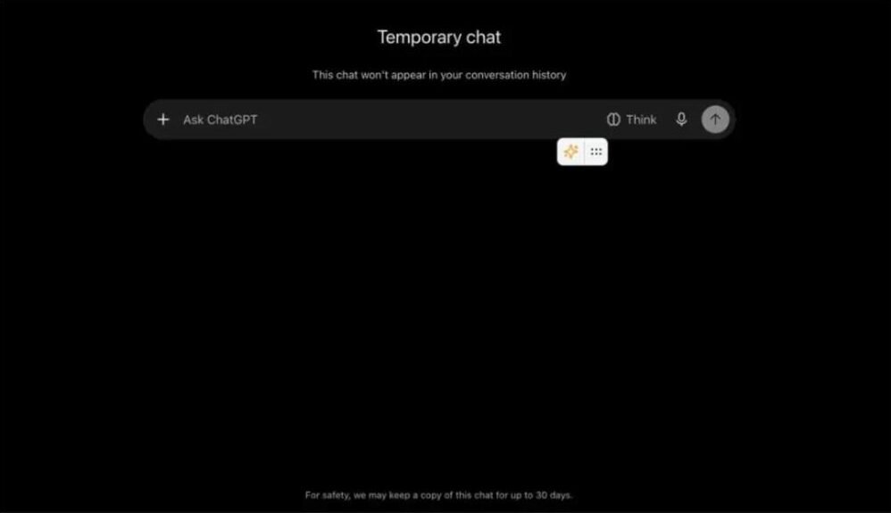 ChatGPT Temporary chat screen saying the chat will not appear in history, with a footer that says a copy may be kept for up to 30 days for safety