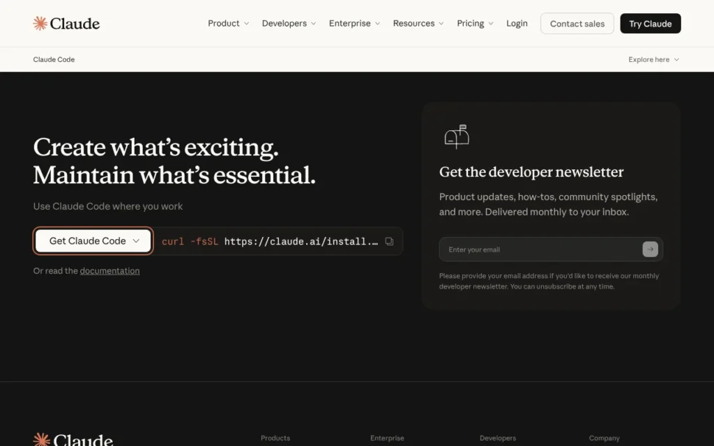 Claude Code product page, with the one-line install command