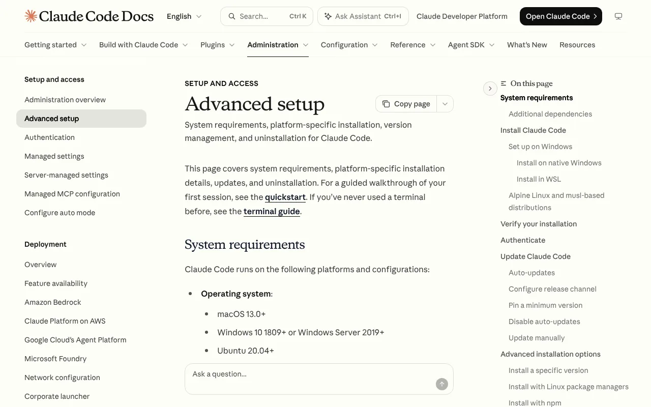 Official Claude Code install page showing the commands to install Claude Code on Mac, Windows and Linux
