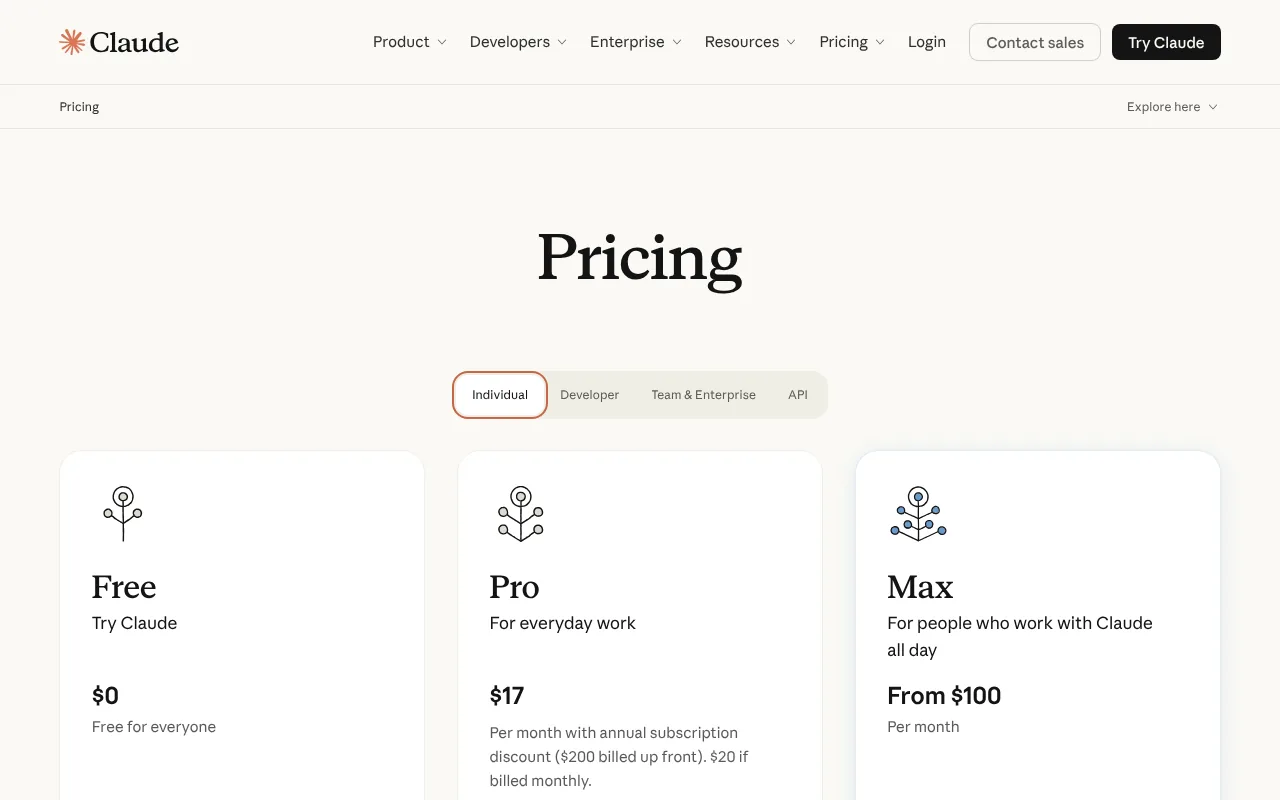Claude pricing page showing the Free, Pro and Max plans that include Claude Code