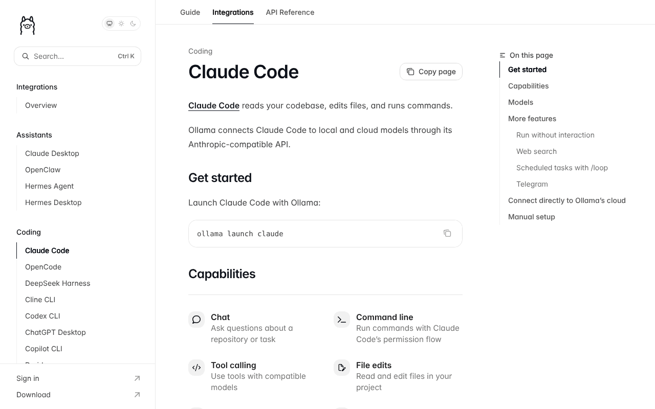 Ollama's Claude Code documentation page showing the ollama launch claude command for running Claude Code with Ollama, and capabilities such as chat, tool calling and file edits