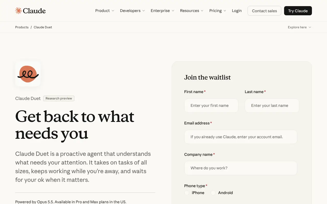 Anthropic's official Claude Duet product page with the headline Get back to what needs you, a Join the waitlist form and the note Available in Pro and Max plans in the US