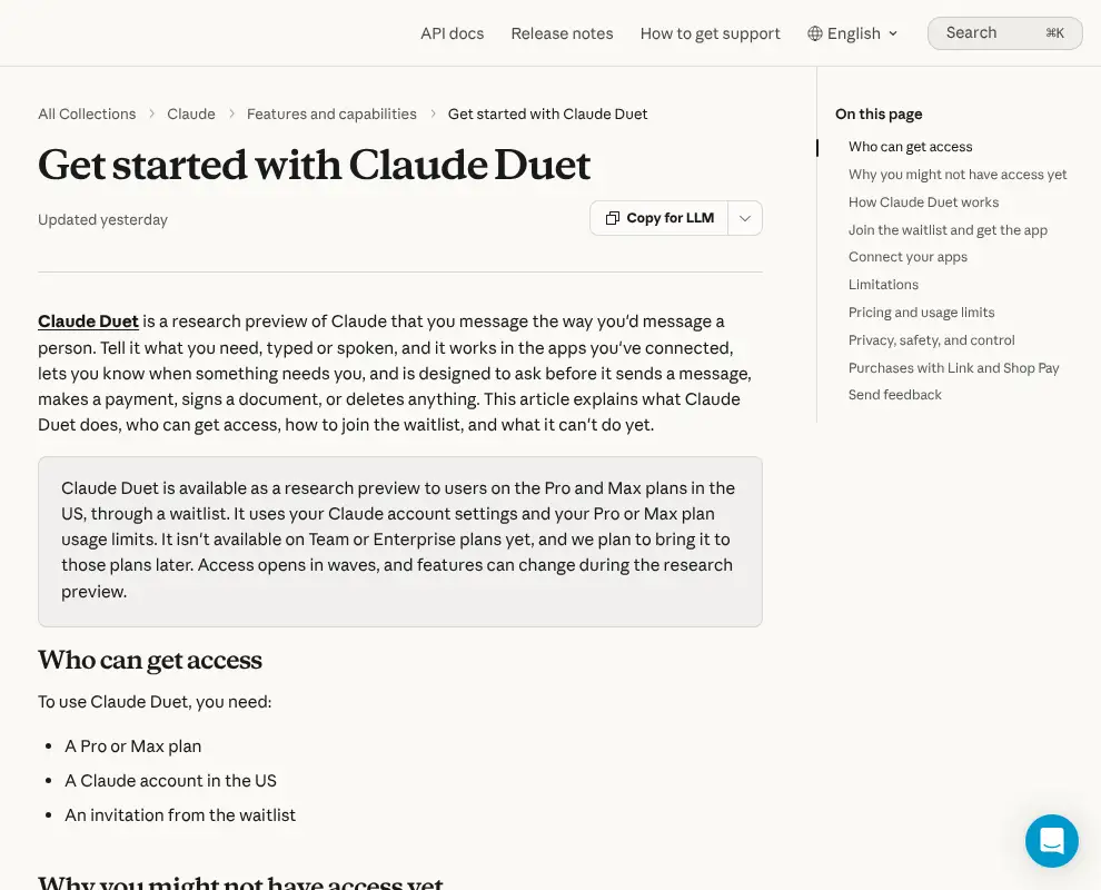 Anthropic's Get started with Claude Duet help article listing who can get access: a Pro or Max plan, a Claude account in the US and an invitation from the waitlist