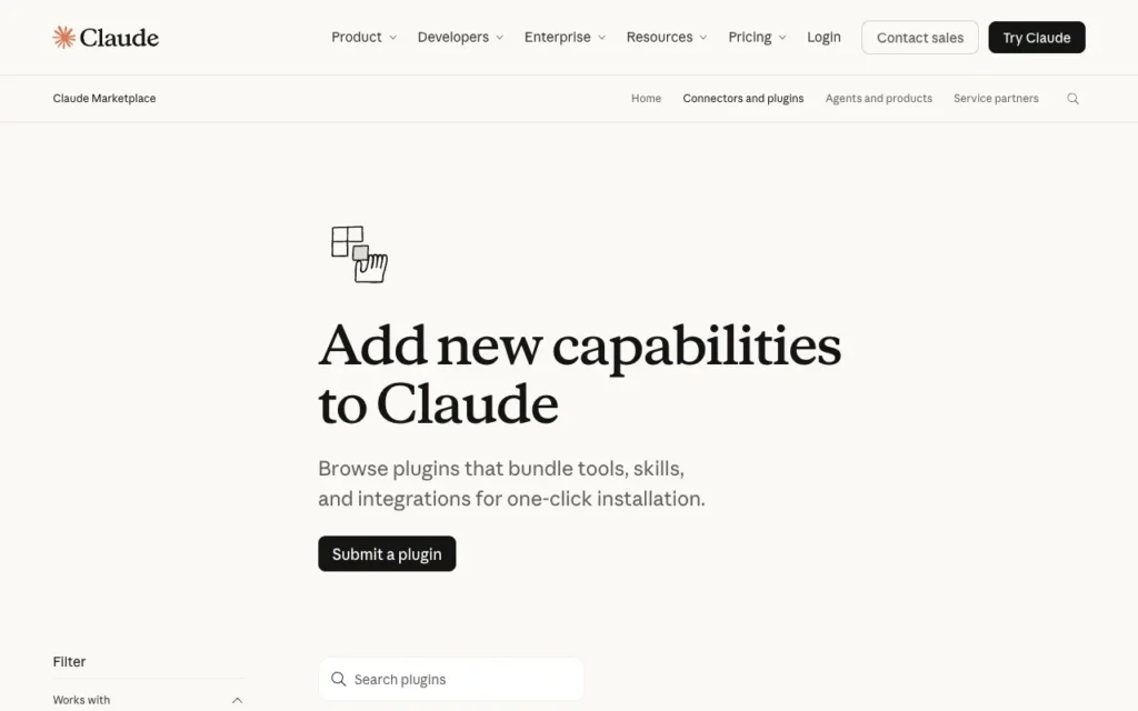 Claude Marketplace plugins page: Add new capabilities to Claude