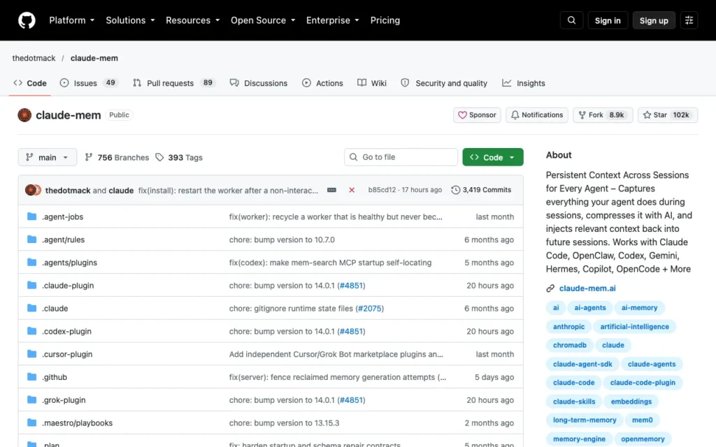 GitHub page for thedotmack/claude-mem, memory that carries across agent sessions