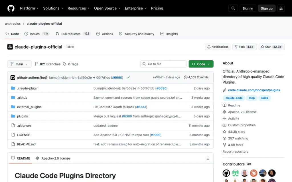 GitHub page for anthropics/claude-plugins-official, Anthropic's official plugin directory