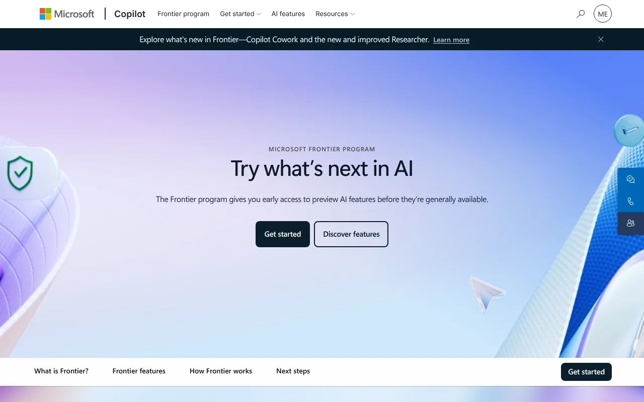 Microsoft Frontier programme page explaining early access to Copilot preview features such as Scout and Cowork