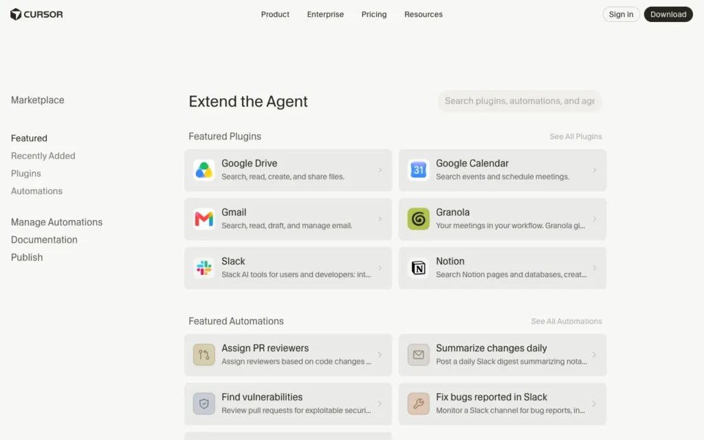 Cursor Marketplace home page with featured plugins such as Google Drive, Gmail, Slack and Notion
