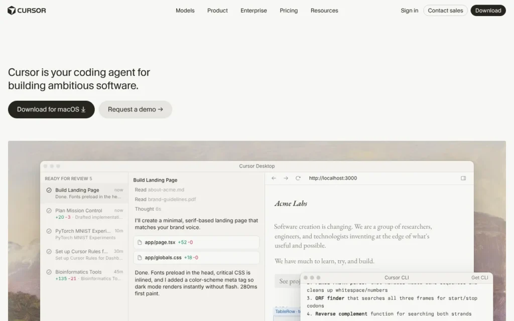 Cursor website: AI coding agents on your desktop and in the cloud