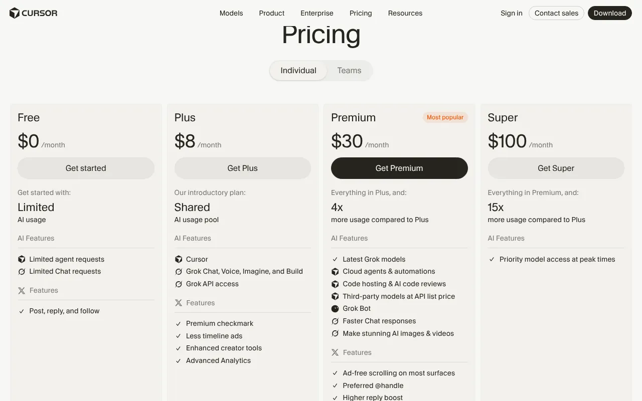 Cursor pricing page, October 2026
