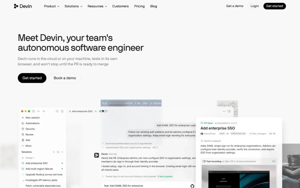 Devin AI homepage from Cognition describing Devin as an autonomous software engineer that runs in the cloud or on your machine