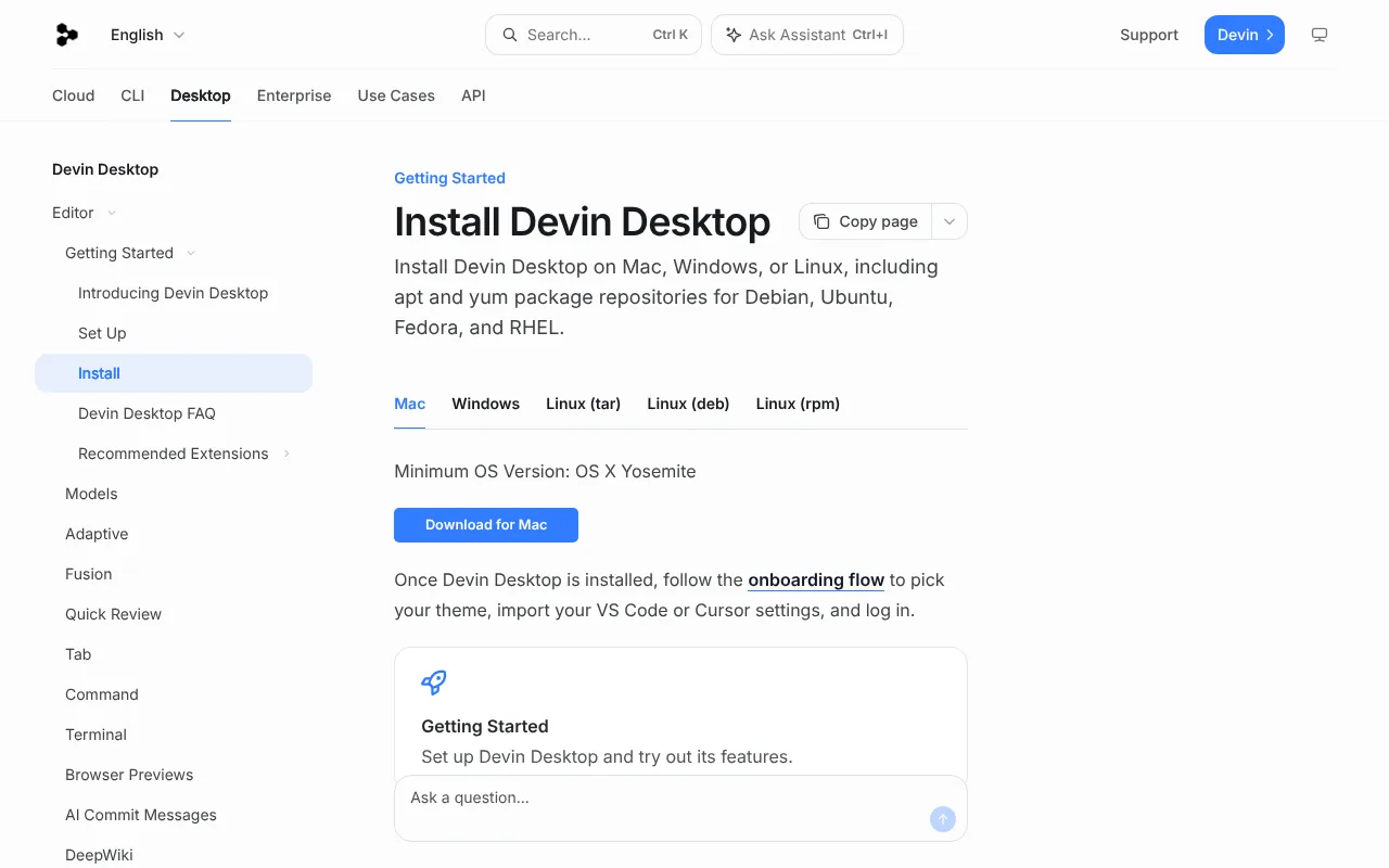 Official Install Devin Desktop page with download links for Mac, Windows and Linux, the app formerly called Windsurf