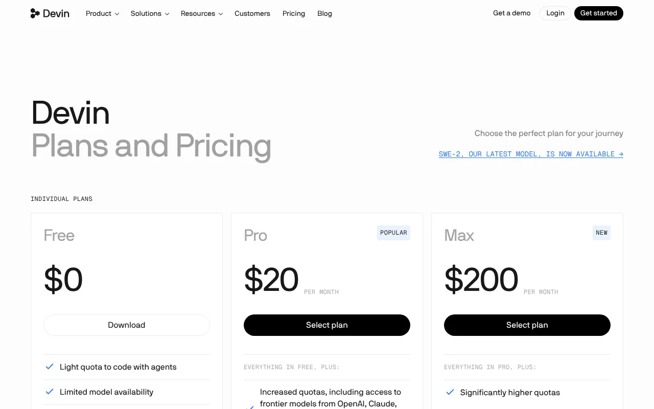 Devin AI pricing page showing the Free, Pro, Max, Teams and Enterprise plans for Devin Desktop and Devin Cloud