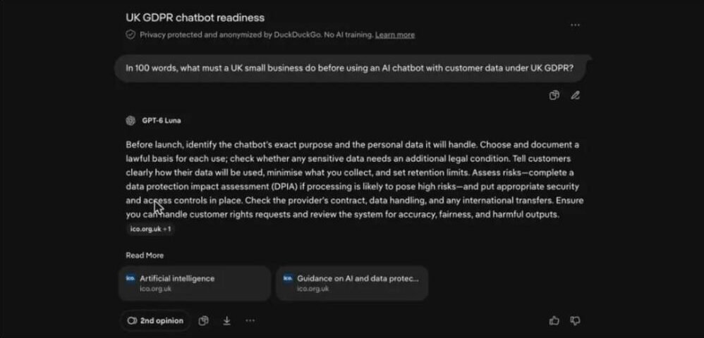 Duck.ai using GPT-6 Luna answers the UK GDPR chatbot question in about 100 words and cites two ico.org.uk pages