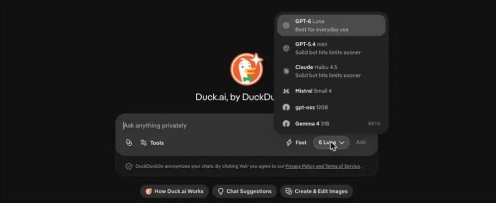 Duck.ai model picker showing GPT-6 Luna, GPT-5.4 mini, Claude Haiku 4.5, Mistral Small 4, gpt-oss 120B and Gemma 4 31B beta