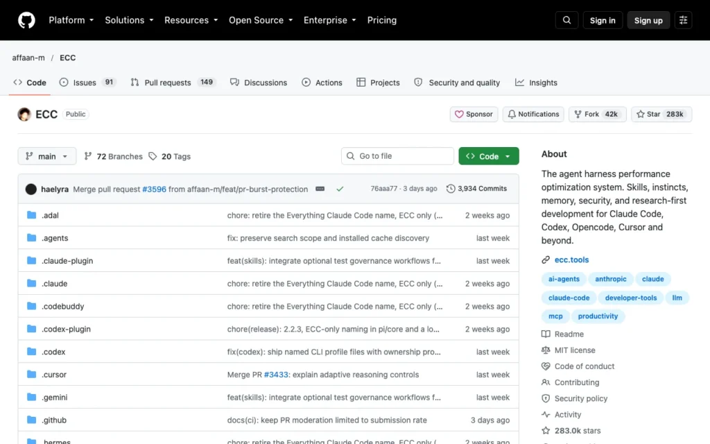 GitHub page for affaan-m/ECC, a kit of skills, memory and security tools for agent harnesses