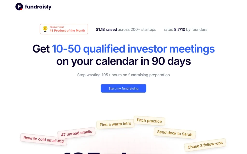 Fundraisly website: investor meetings booked for startup founders