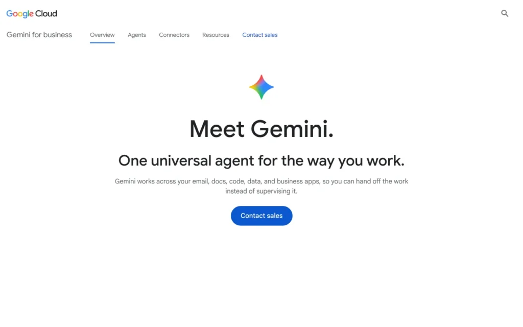 Google Cloud's Gemini for Business page describing the Gemini agent as a universal work agent