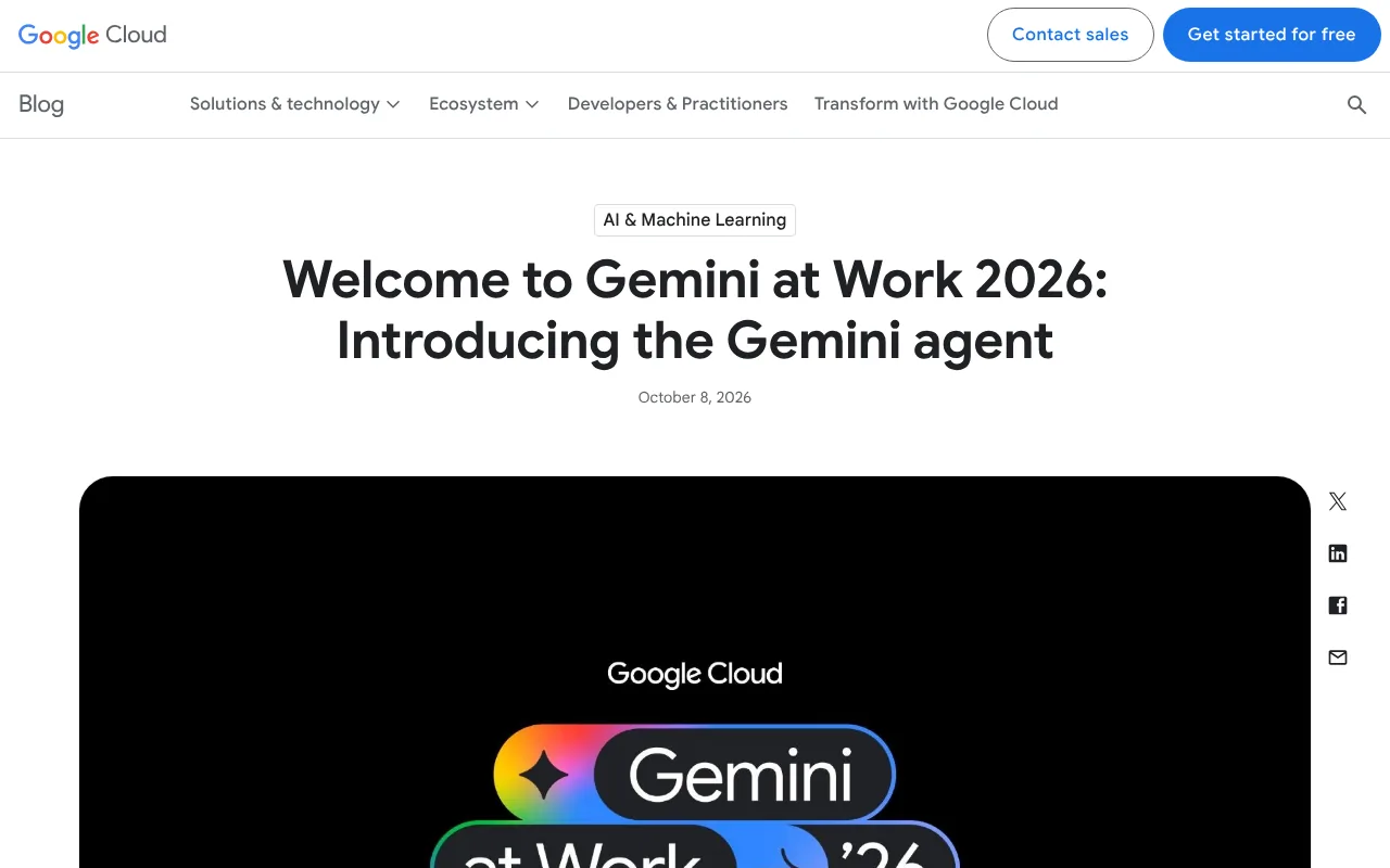 Thomas Kurian's Gemini at Work 2026 blog post introducing the Gemini agent for work