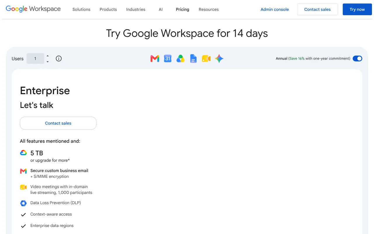 Google Workspace UK pricing page showing the Enterprise plan, relevant to Gemini agent pricing for UK businesses
