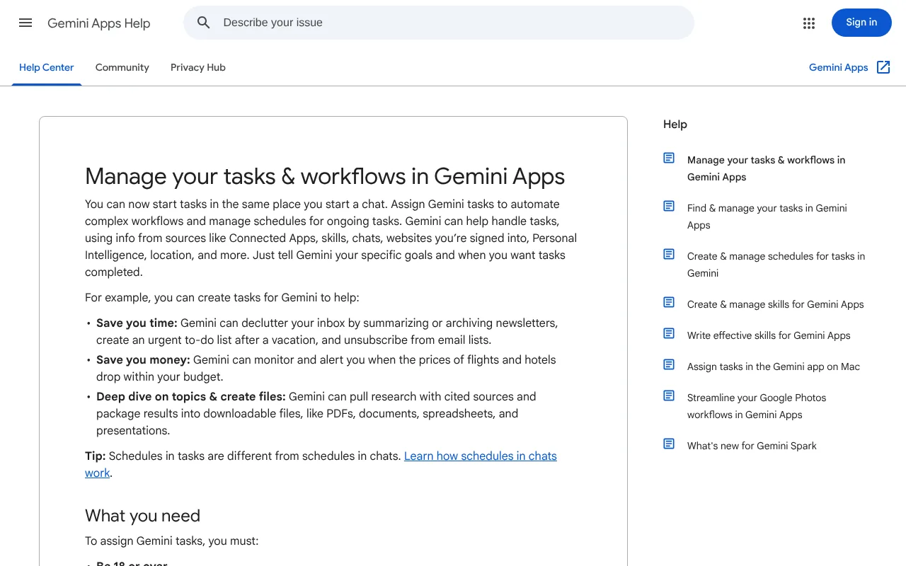 Google help page for Tasks in Gemini, formerly Gemini Spark, listing the UK as not available