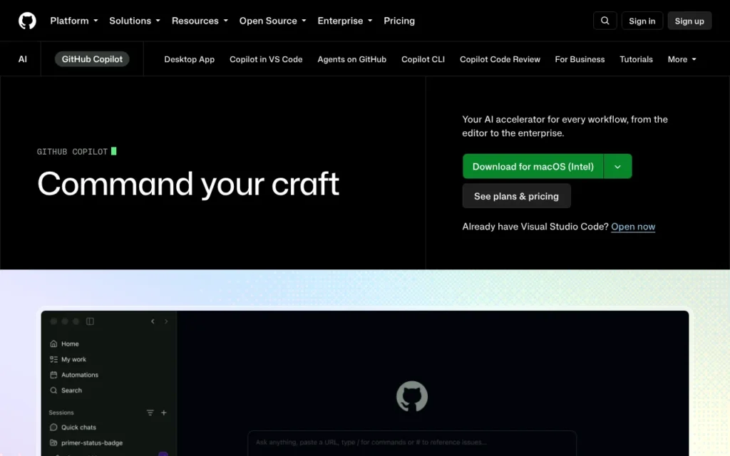GitHub Copilot homepage with the headline Command your craft, a download button for the Copilot desktop app and links to Agents on GitHub and Copilot CLI